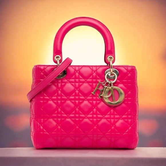🔥 Christian Dior Lady Dior Pink Supple Quilted Lambskin Large Bag EUC! - Picture 2 of 16